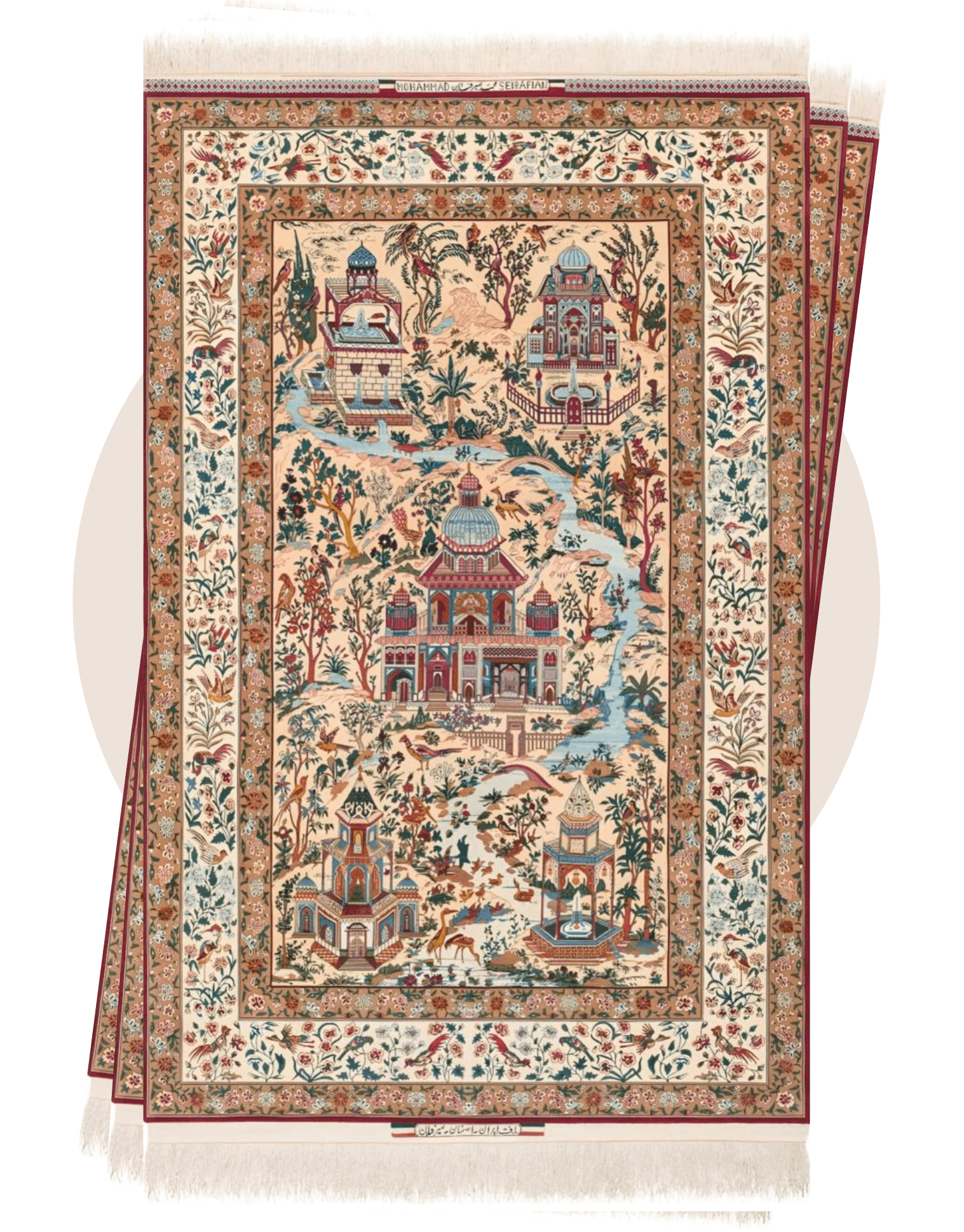 "Hand-knotted Seirafian Persian rug with intricate buildings, floral motifs, and gardens. Made from silk and wool, showcasing traditional Persian craftsmanship from Isfahan, signed by Mohammad Seirafian."